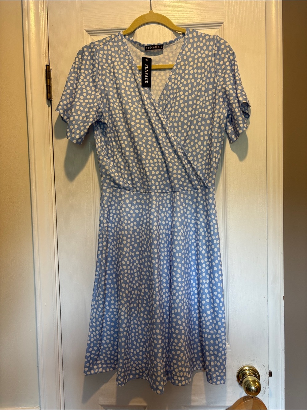 NWT Fensace Blue White Polka Dot Wrap Dress V Neck Casual Summer Medium